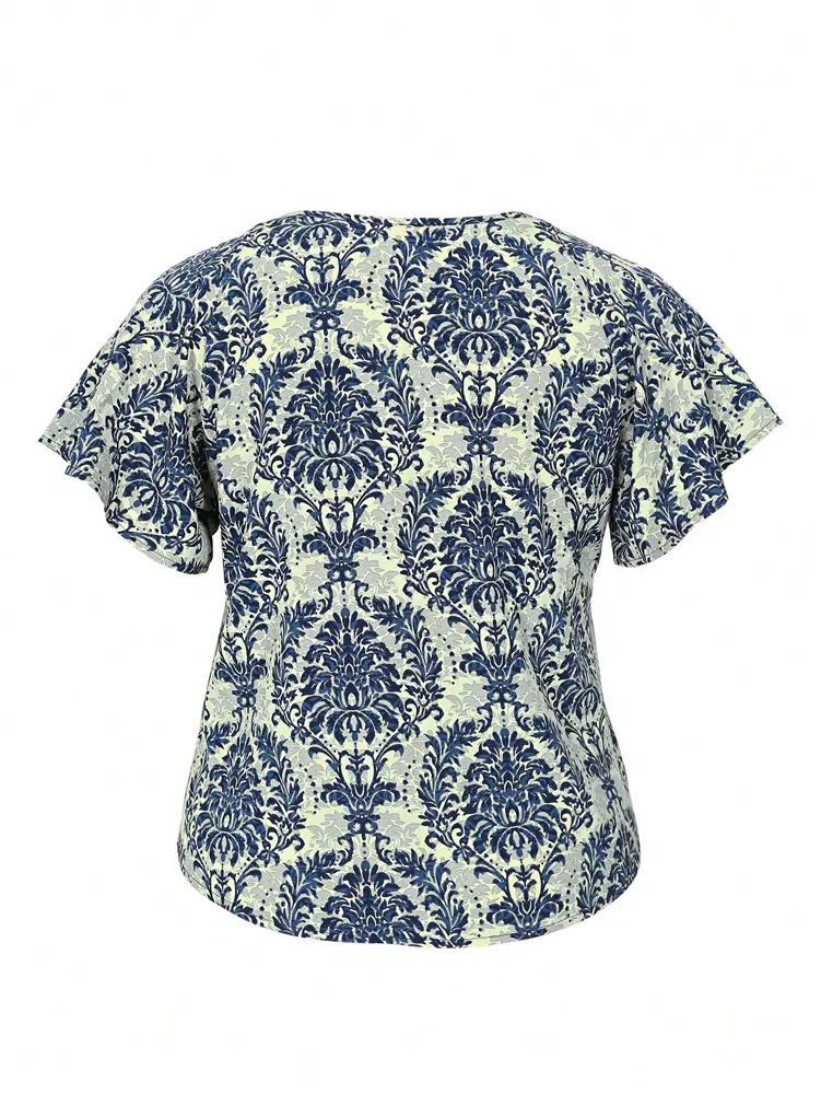 Plus Size Navy Blue Printed Loose V-Neck Short Sleeve Casual Shirt Blouse Top Women Commuter Casual Home