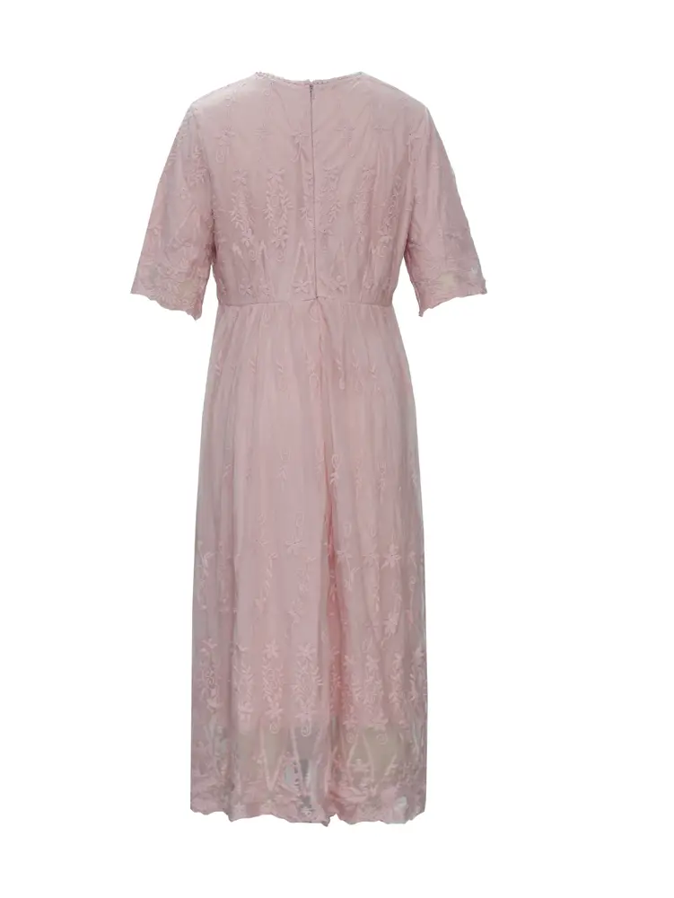 2025 Summer New Women's High Neck Irregular Short Sleeve Dress Pink Girl Style Embroidery Pattern Pure Colour Dresses