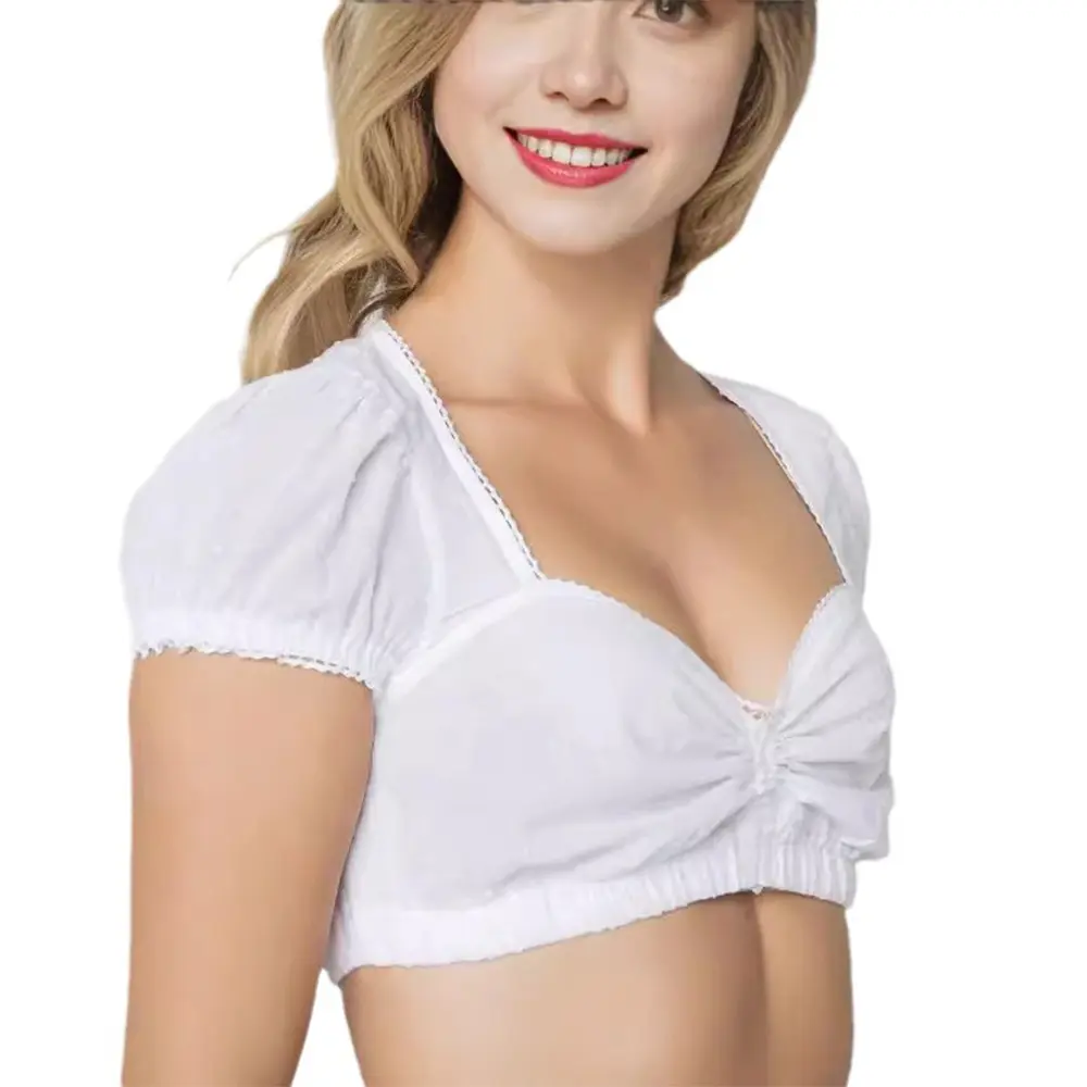 White Authentic German Dirndl Top - Traditional Bavarian Oktoberfest Top V-Neck Short Sleeve Lace Top
