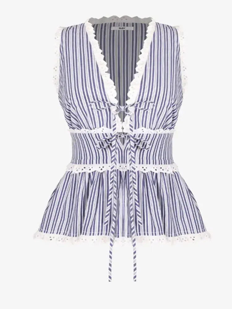 2025 Summer New Women's Sleeveless V-Neck Chest Tie Striped Lace Lace Casual Top Fashion Young Temperament
