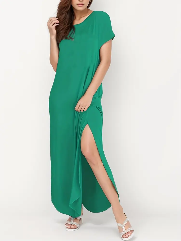 2025 Summer New Women's Solid Colour Round Neck Short Sleeve Dress Basic Homecoming Casual Elegant Long Dresses
