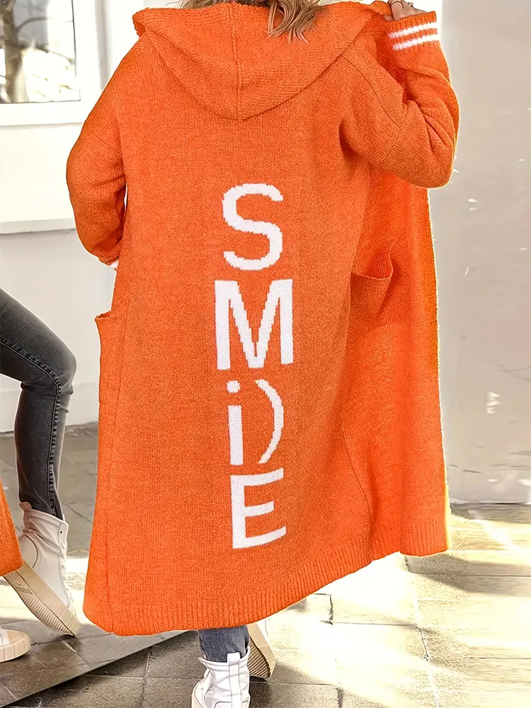 plus Size Monogrammed Back Oversized Loose Knit Cardigan Women's Sweater Jacket with Pockets Best for Autumn Winter