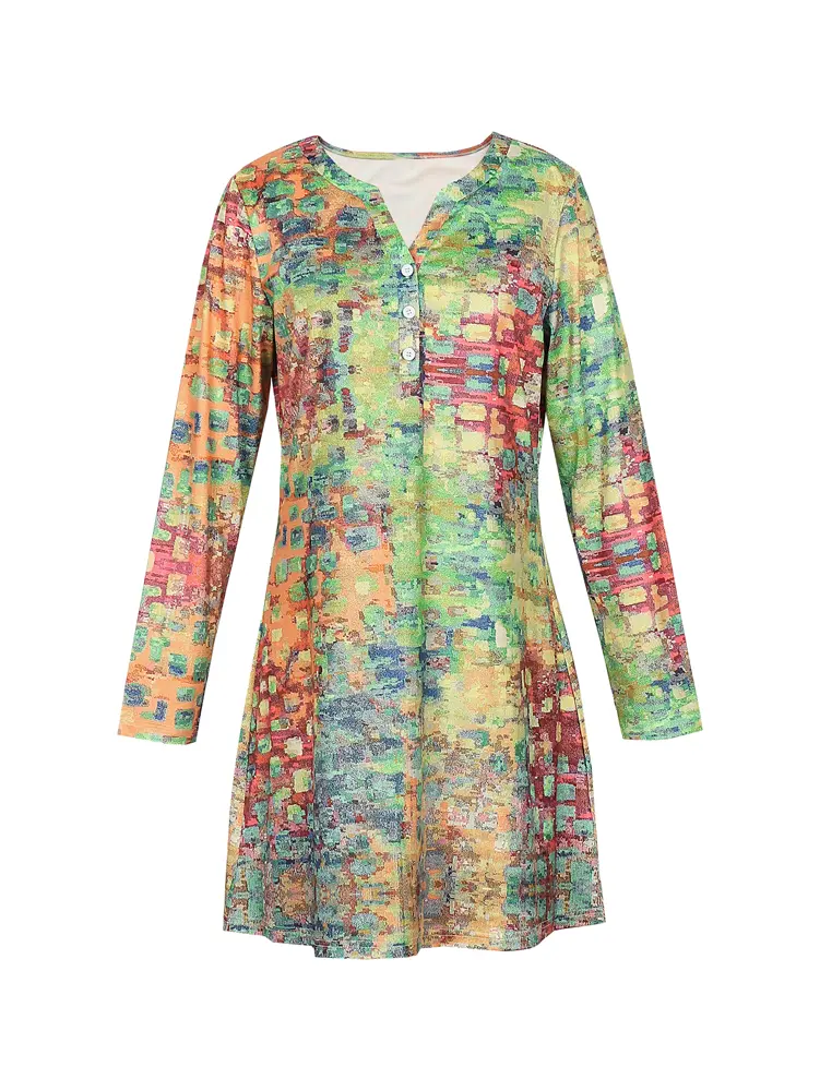 2025 Summer New Women's Casual Button Front Long Sleeve Dress V Neck Long Sleeve Elegant Casual Plant Flower