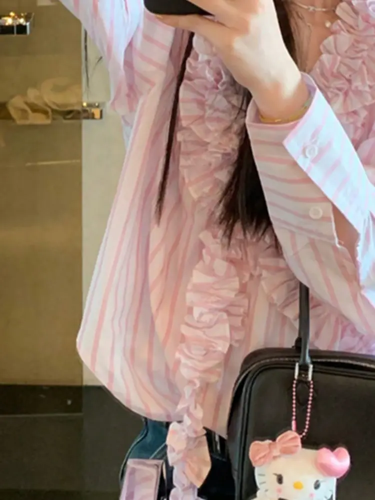 2025 new Ms. pink V-neck stamen edge striped long-sleeved shirt Spring and Autumn Blouse Girls Style
