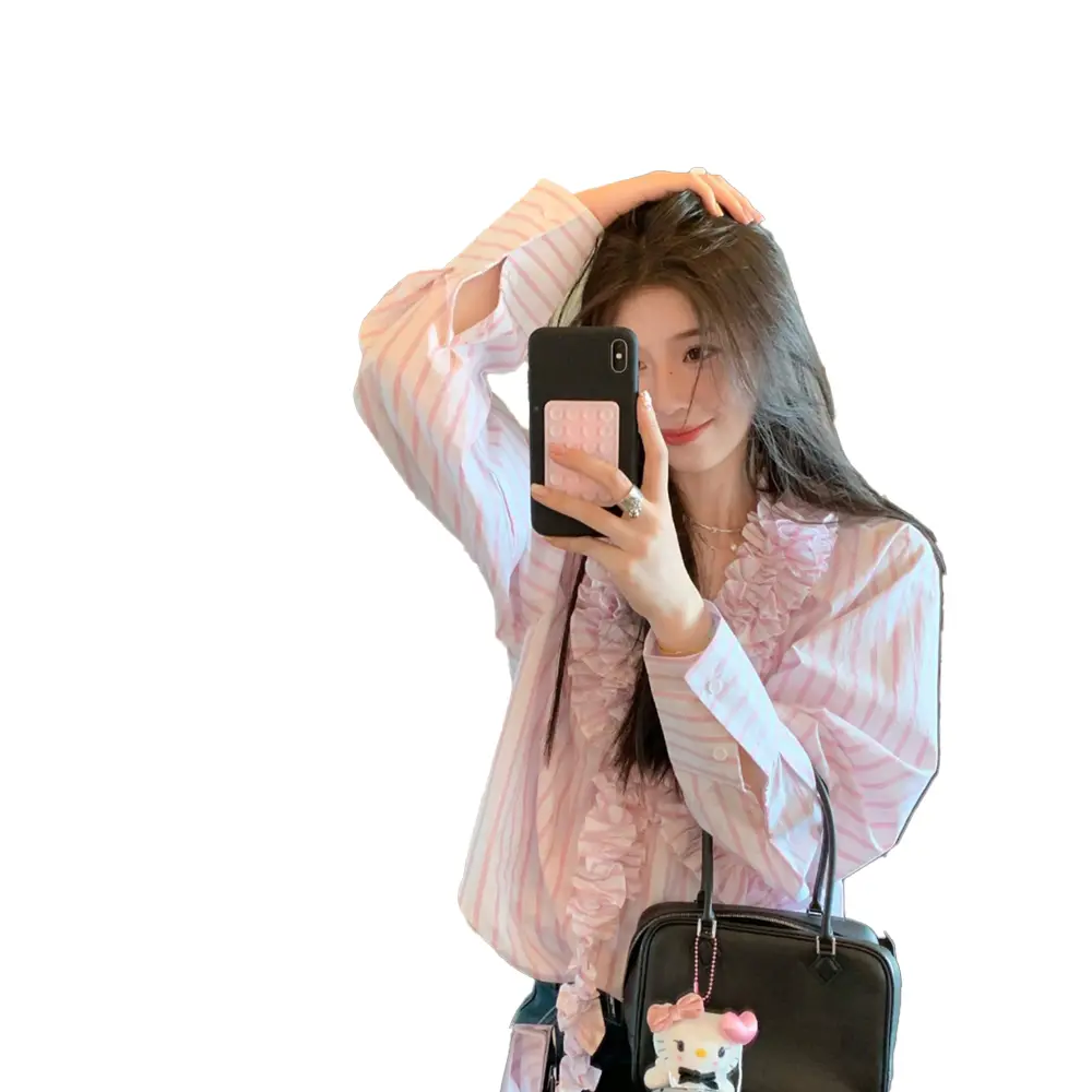 2025 new Ms. pink V-neck stamen edge striped long-sleeved shirt Spring and Autumn Blouse Girls Style