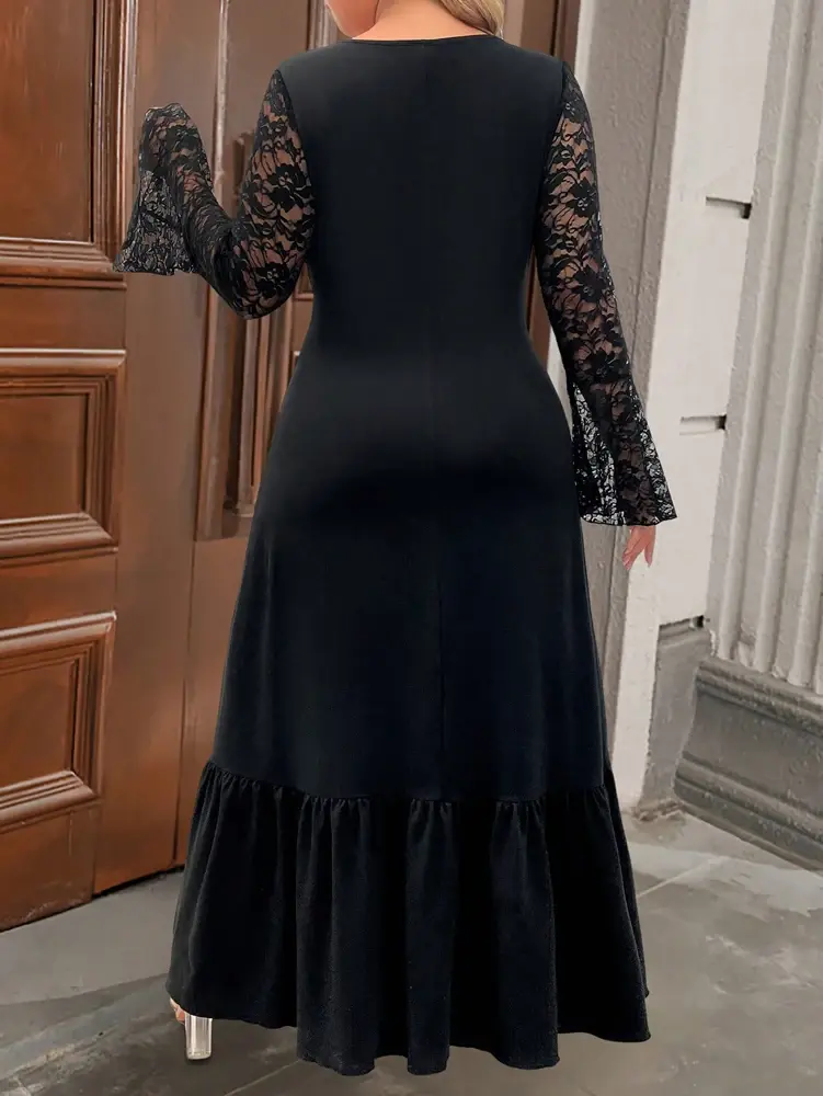 Plus Size Women's Solid Colour Wrap Ruffle Hem Midi Dress V-Neck Lace Sleeve Temperament Elegant Style Outwear