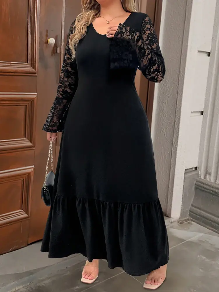 Plus Size Women's Solid Colour Wrap Ruffle Hem Midi Dress V-Neck Lace Sleeve Temperament Elegant Style Outwear