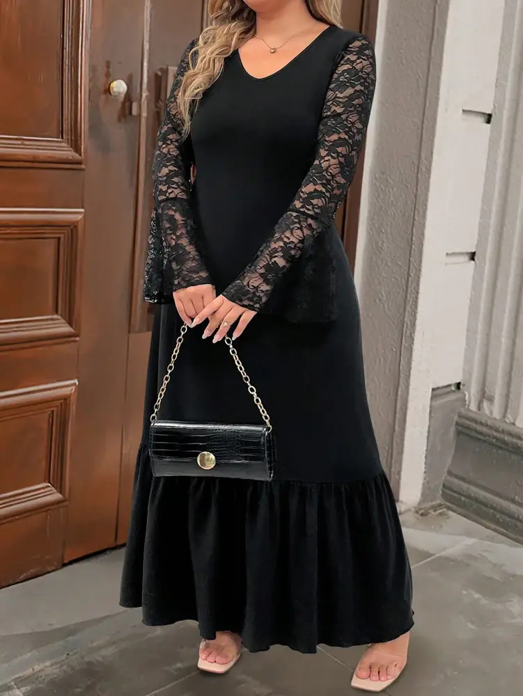 Plus Size Women's Solid Colour Wrap Ruffle Hem Midi Dress V-Neck Lace Sleeve Temperament Elegant Style Outwear