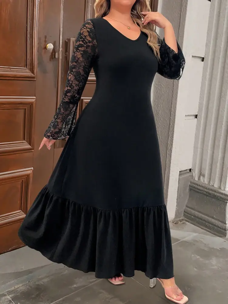 Plus Size Women's Solid Colour Wrap Ruffle Hem Midi Dress V-Neck Lace Sleeve Temperament Elegant Style Outwear