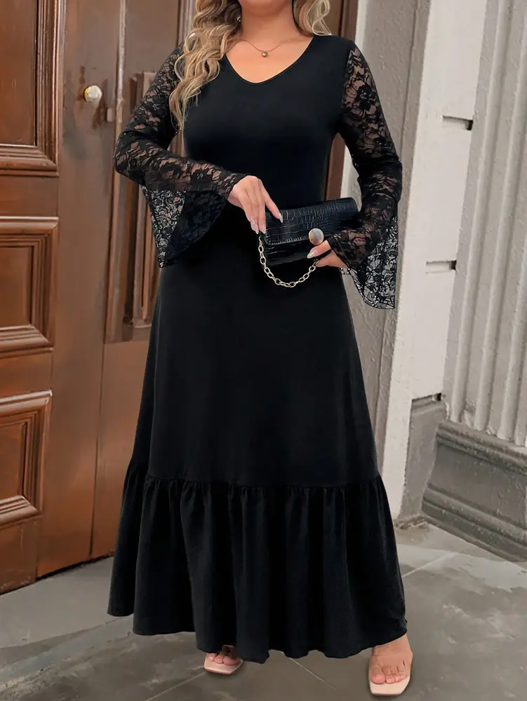 Plus Size Women's Solid Colour Wrap Ruffle Hem Midi Dress V-Neck Lace Sleeve Temperament Elegant Style Outwear