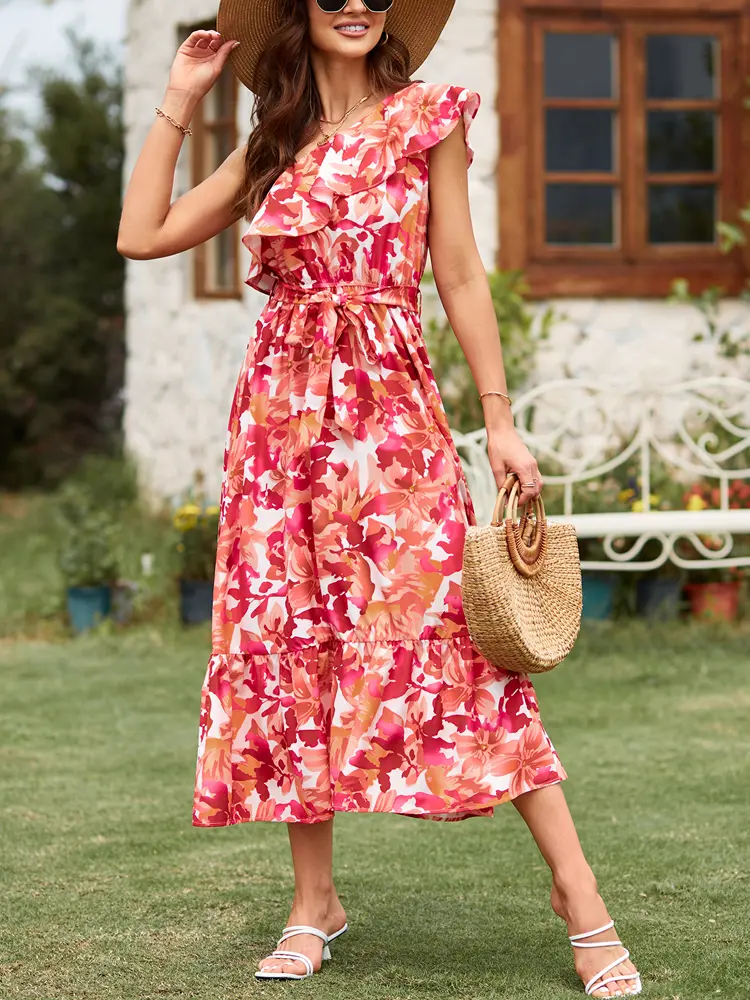 2025 Summer New Women's Sleeveless Shoulder Dress Bohemian Style Elastic Waist Ruffle Twisted Layers