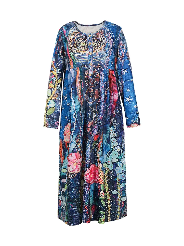 Women's Casual Printed Dresses Chest Buttons Long Sleeve Long Dress Vintage Old Casual Commuter Dresses