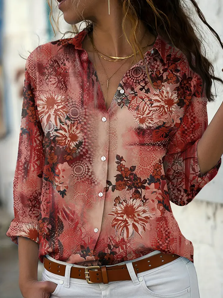 Plus Size 2025 New Fashion Ladies Button Shirt Summer Autumn Long Sleeve T Shirt Tops Business Casual Floral Shirt