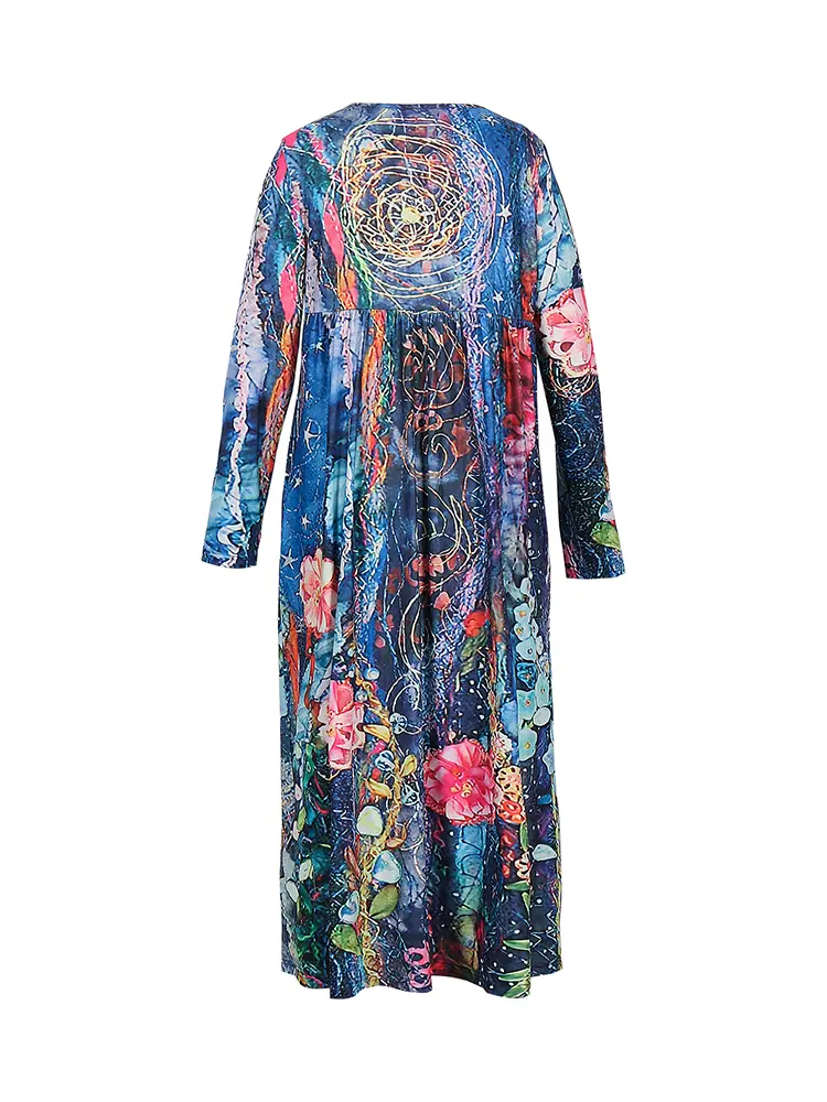Women's Casual Printed Dresses Chest Buttons Long Sleeve Long Dress Vintage Old Casual Commuter Dresses