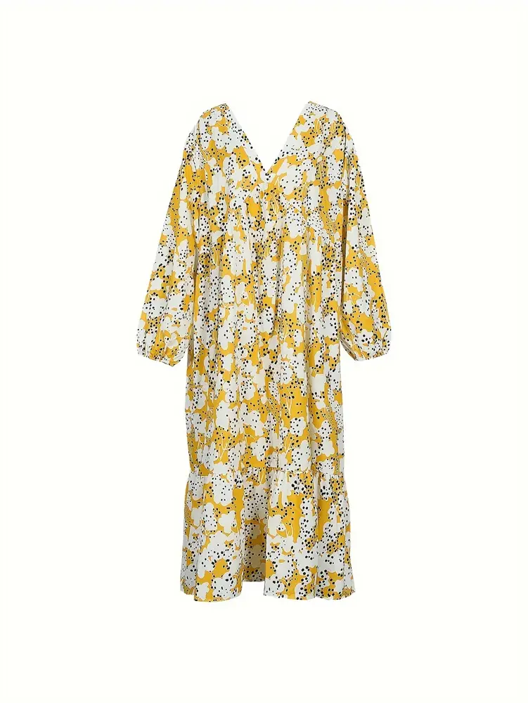 Plus Size 2025 Spring and Summer New Women's Flower Lantern Sleeve Waist Dress Elegant Casual Mature