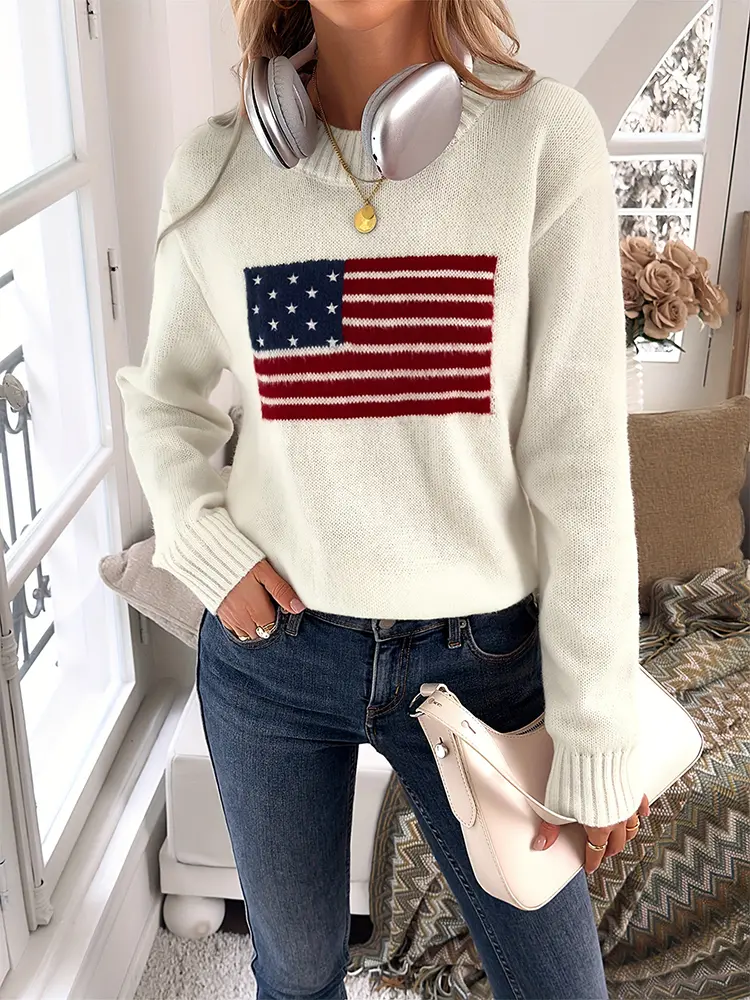 plus Size Women's Fashion Loose Casual Long Sleeve Sweater Flag Print Graphic Knit All-Match Comfortable Sweater