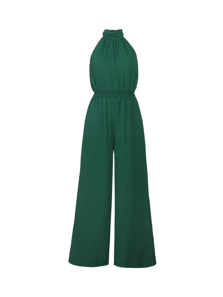 2025 Spring and Summer New Women's Casual Solid Colour Hanging Neck Sleeveless Wide-Leg Jumpsuit Best Choice for Summer