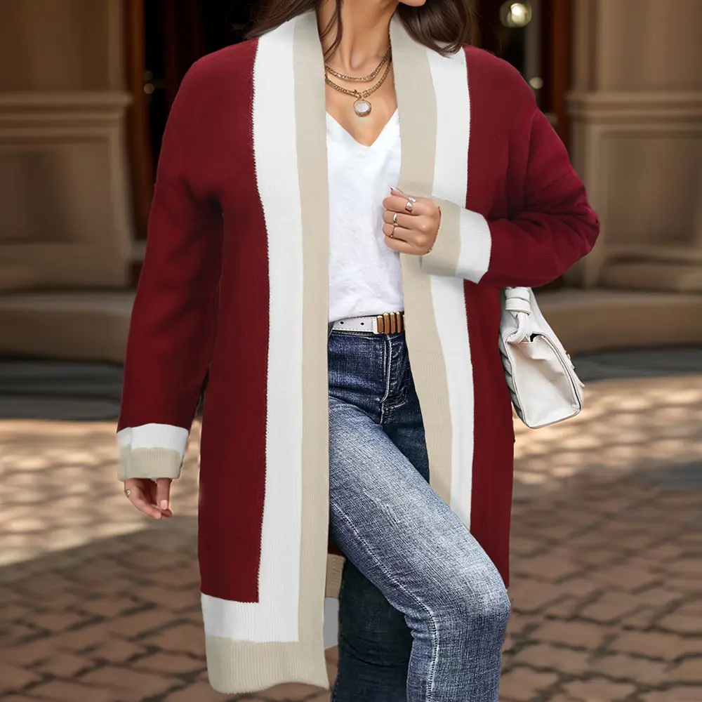 2025 Autumn and Winter New Women's Casual Elegant Warm Cardigan Sweater Color Block Pockets The Best Choice for Autumn and Winte