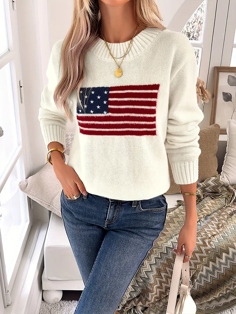 plus Size Women's Fashion Loose Casual Long Sleeve Sweater Flag Print Graphic Knit All-Match Comfortable Sweater