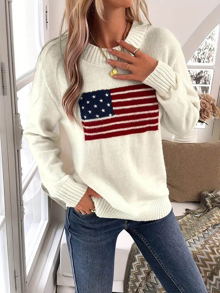 plus Size Women's Fashion Loose Casual Long Sleeve Sweater Flag Print Graphic Knit All-Match Comfortable Sweater