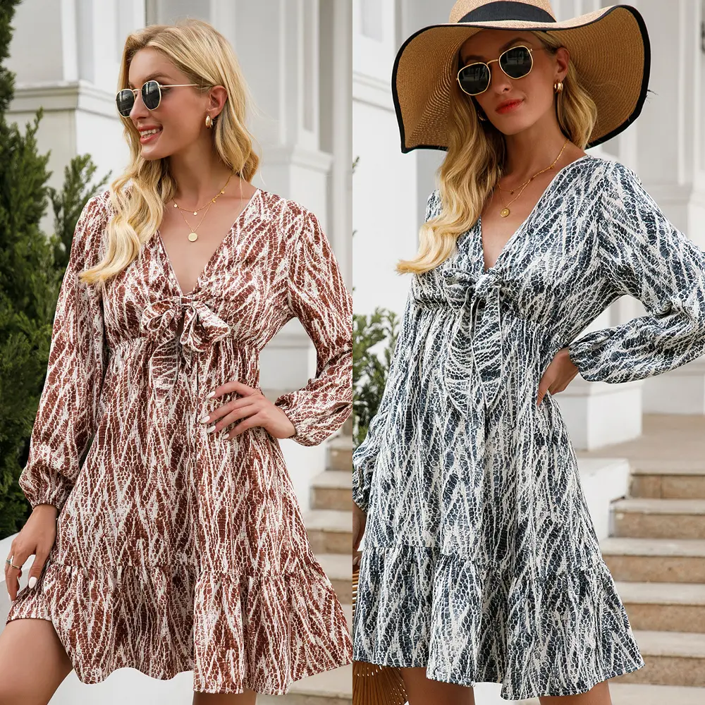 Women's Floral Maxi Midi Dress Long Sleeves V-Neck Wrap Ruffle Summer Dress with Belt Sexy Swing Strapless Gown for Beach