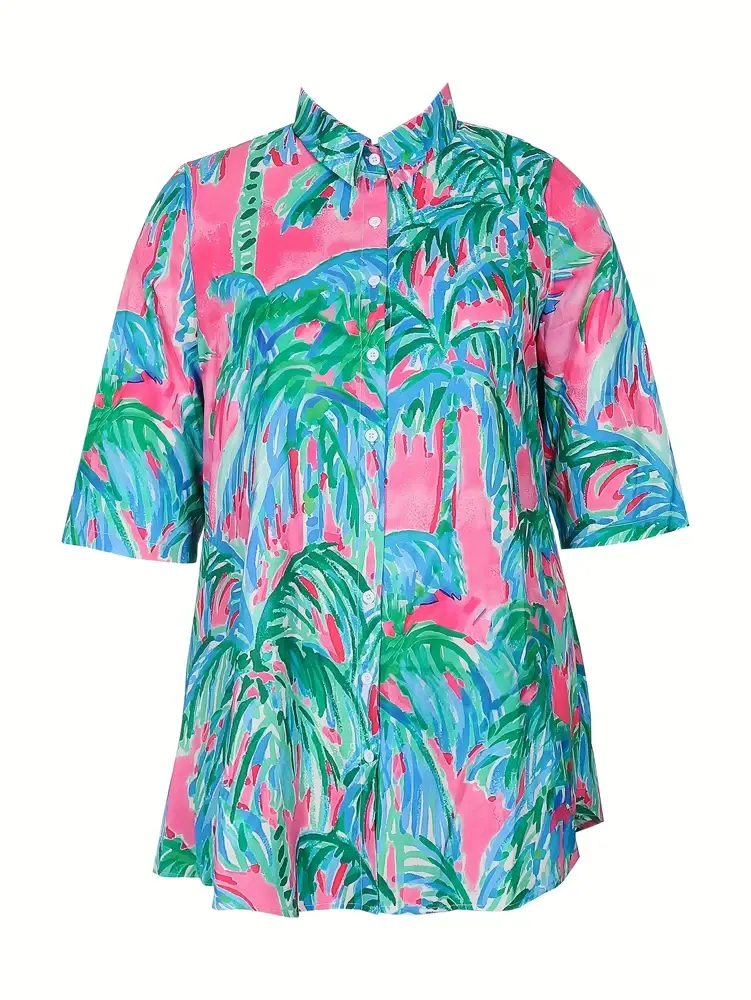 plus Size Spring Summer New Women's Parker Hollow Collar Shirt Button Dress Seven Split Sleeve Casual Elegant Women's Dress