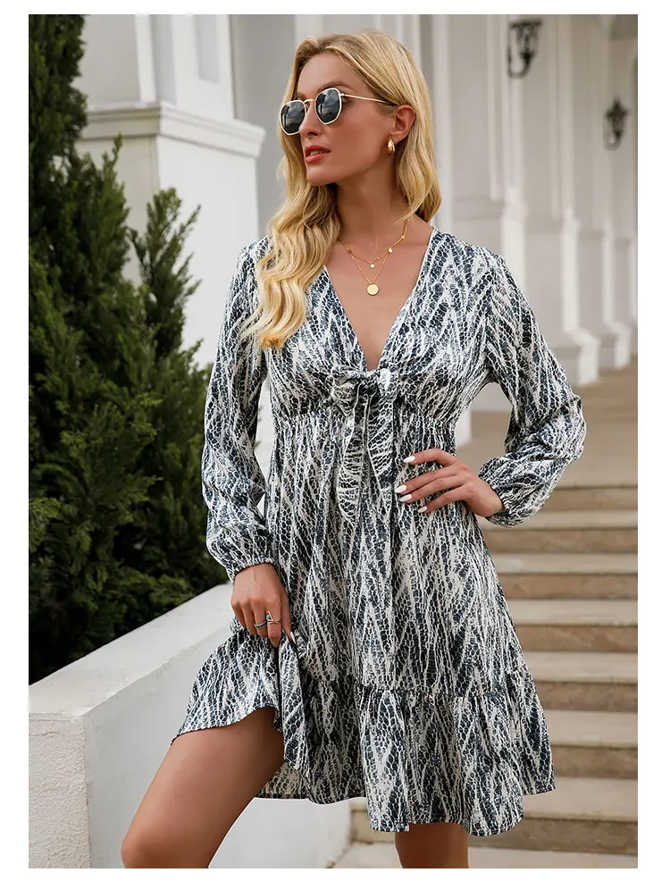 Women's Floral Maxi Midi Dress Long Sleeves V-Neck Wrap Ruffle Summer Dress with Belt Sexy Swing Strapless Gown for Beach