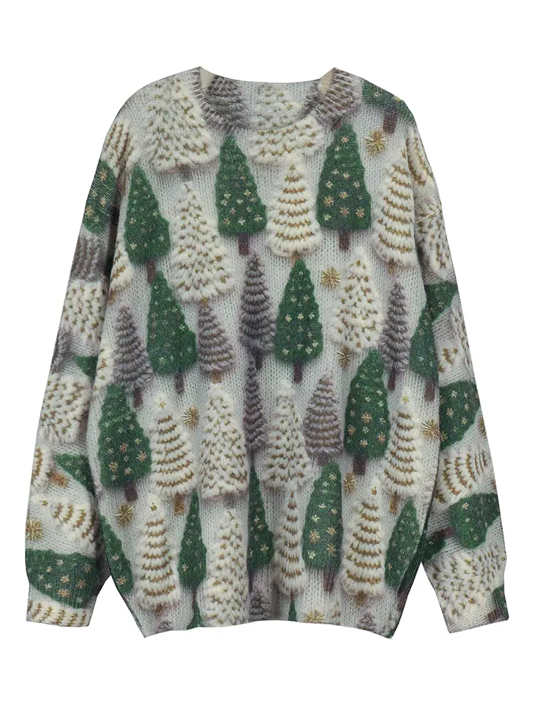 Plus Size Women's Christmas Tree Knit Crochet Cardigan Sweater Long Sleeve Autumn Cozy Colorful Jacket