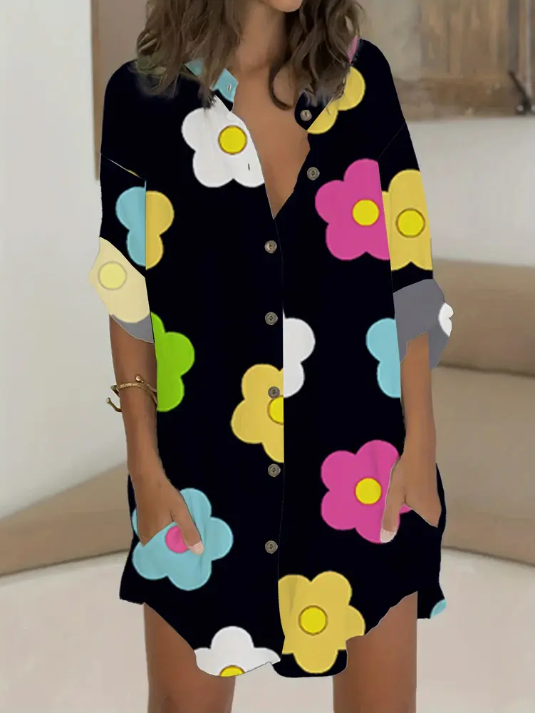 Plus Size 2025 Spring Summer New Floral Print Knitted Shirt Commuter Long Best Choice for Spring and Summer