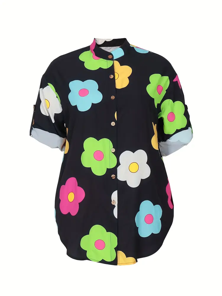 Plus Size 2025 Spring Summer New Floral Print Knitted Shirt Commuter Long Best Choice for Spring and Summer