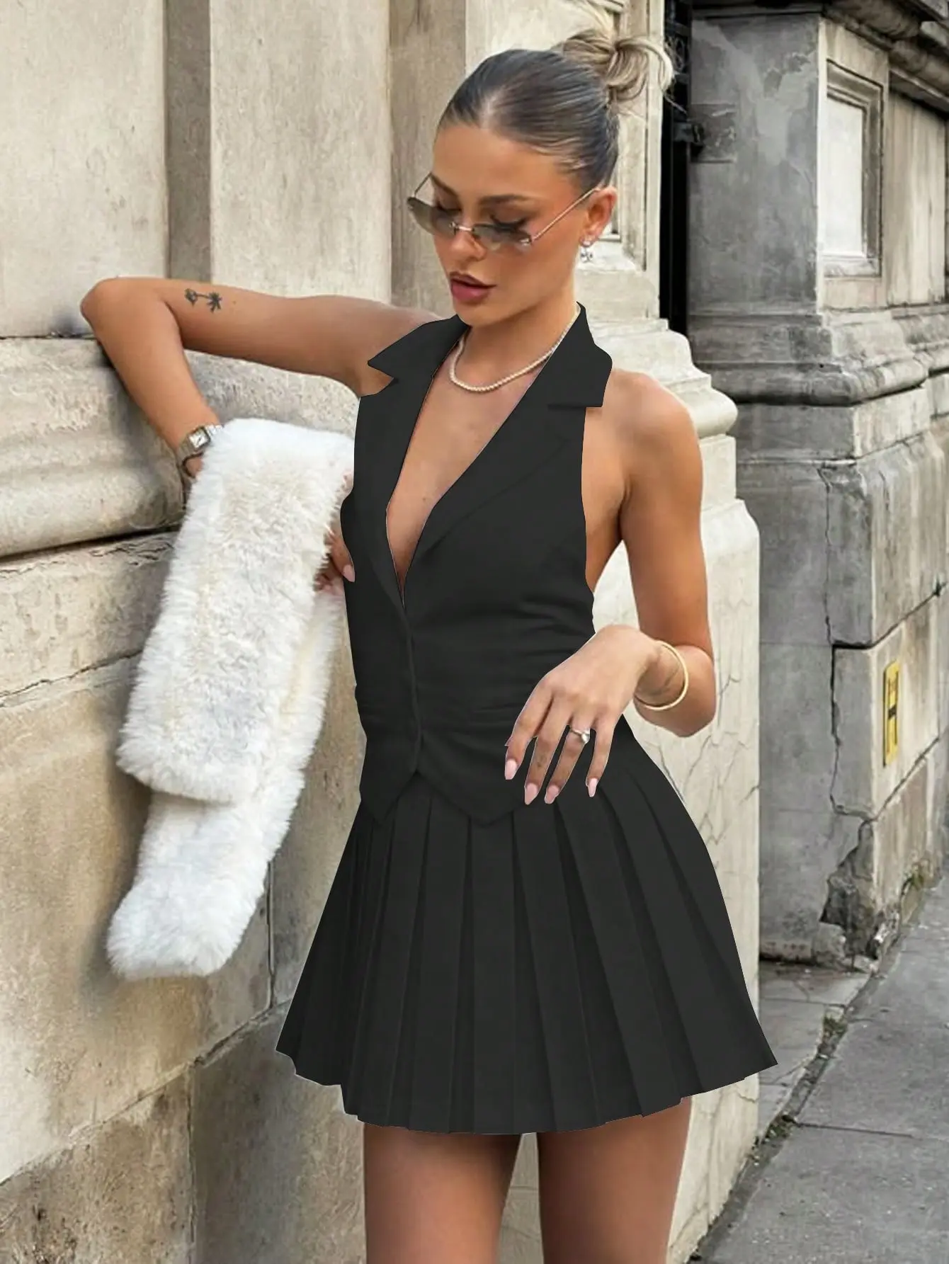 Women's Elegant Sleeveless V-neck Button Vest Pleated Short Dress Two Piece Y2K Style Polyester 2025 Summer