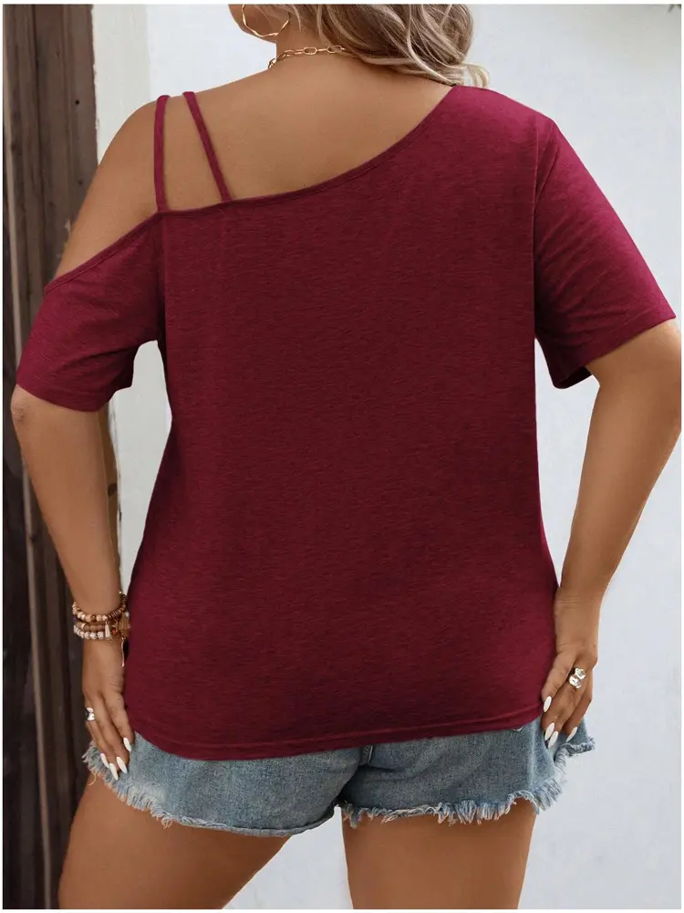 Plus Size 2025 Summer Women's Tops Slash Shoulder Backless Love Pattern Beach Seaside Polyester Material Pullover