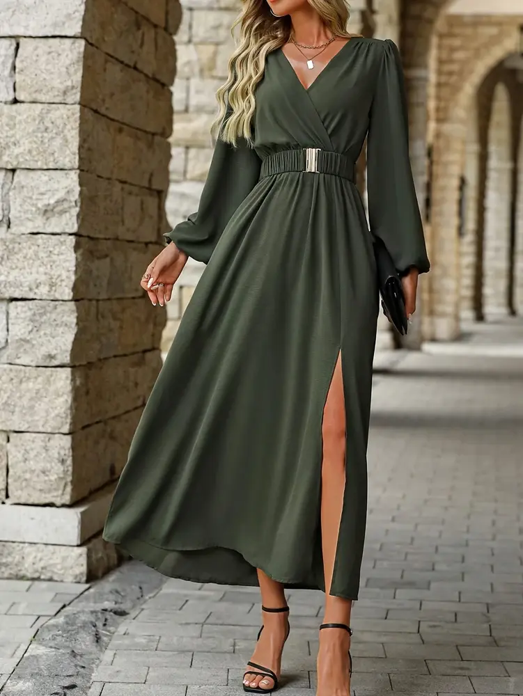 Plus Size Women's Plain V Neck Long Sleeve Split Casual Dresses Beach Holiday Maxi Women's Long Dresses