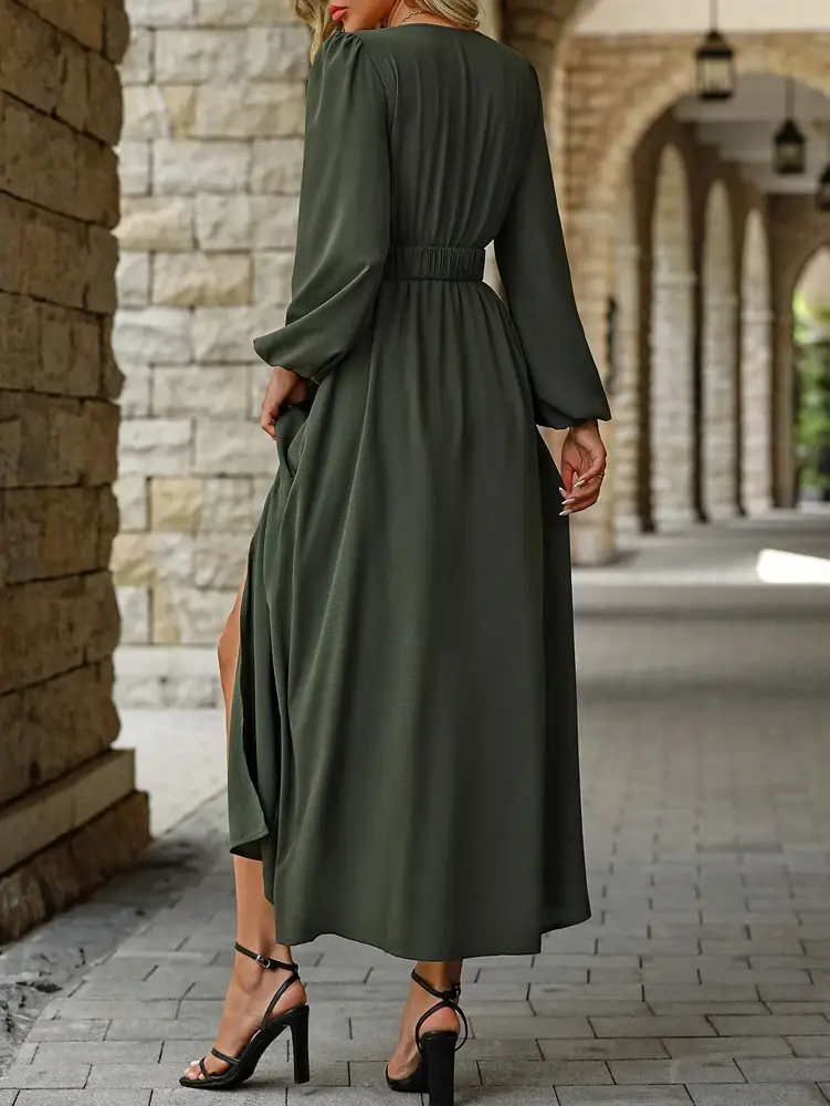 Plus Size Women's Plain V Neck Long Sleeve Split Casual Dresses Beach Holiday Maxi Women's Long Dresses
