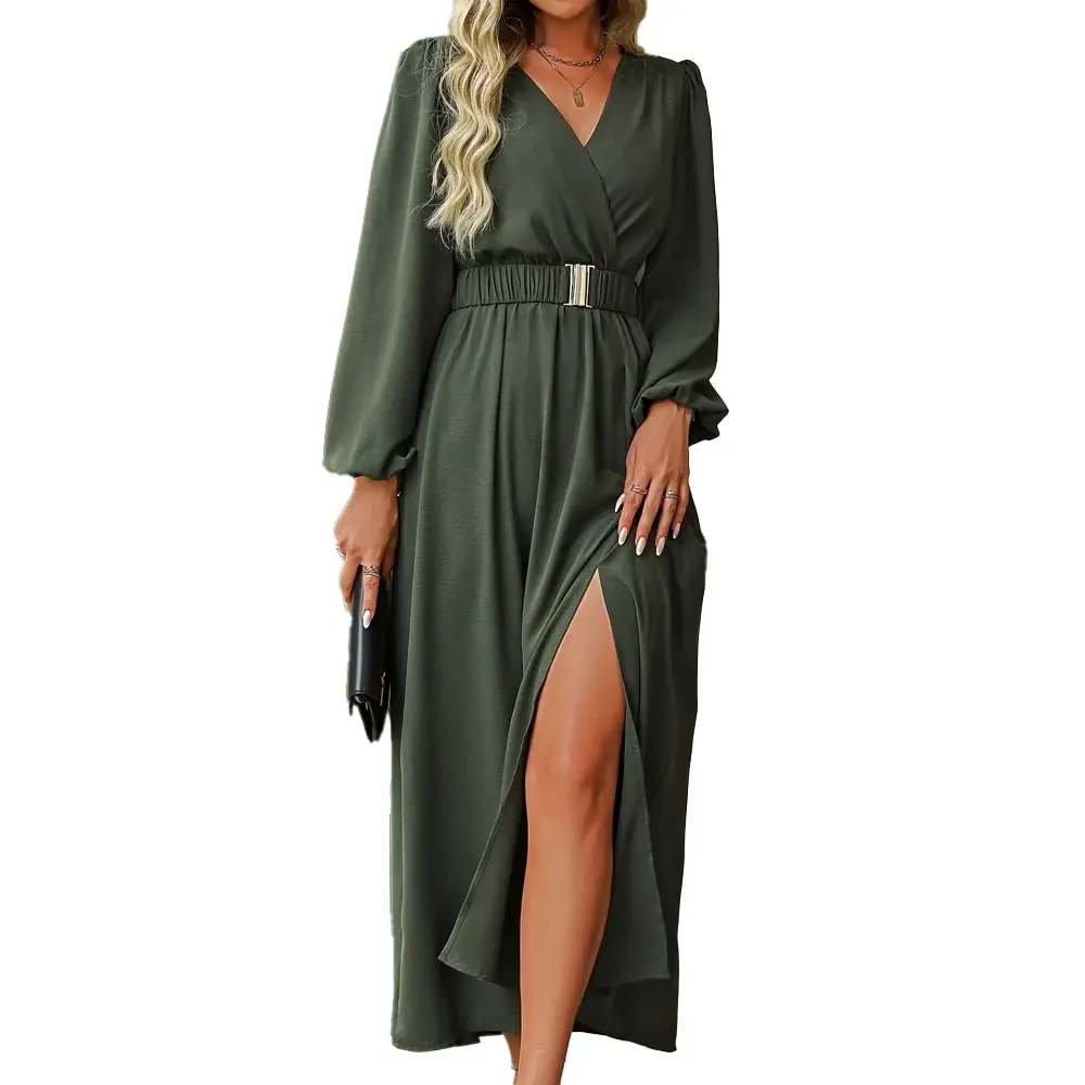 Plus Size Women's Plain V Neck Long Sleeve Split Casual Dresses Beach Holiday Maxi Women's Long Dresses