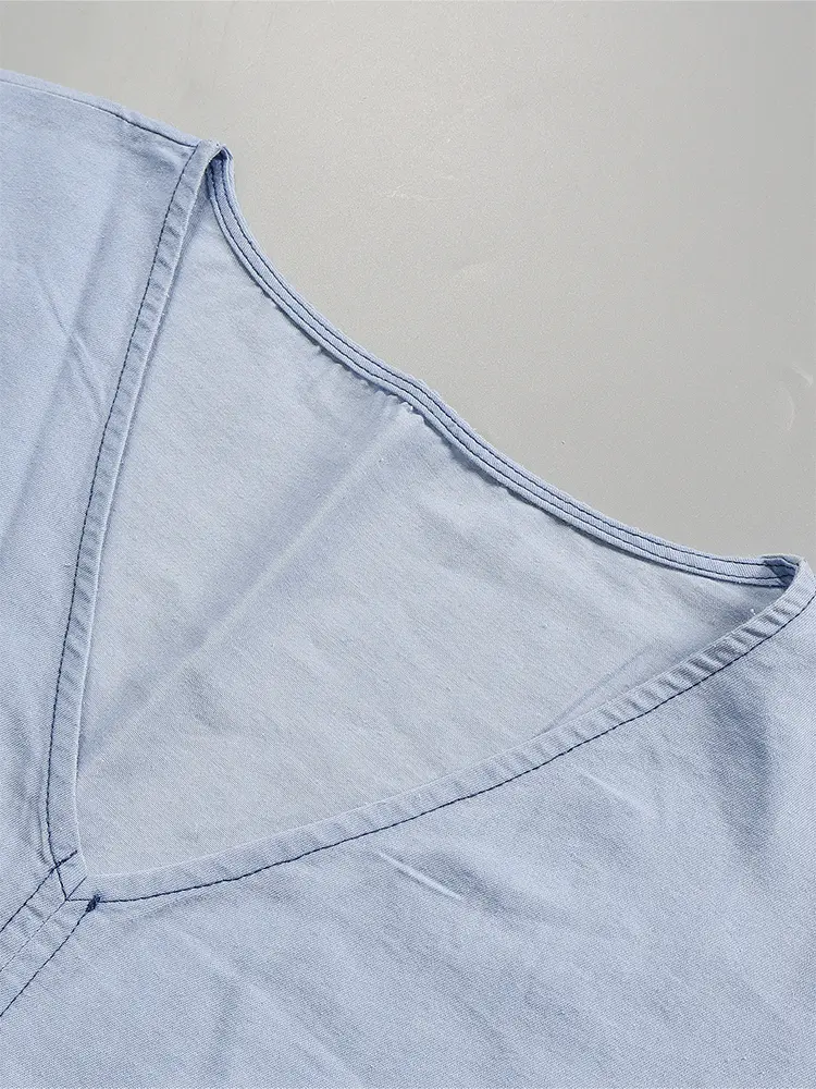 2024 Spring And Summer New Women's Shirt V Collar Denim Shirt Comfortable Casual Blue Pullover Shirt
