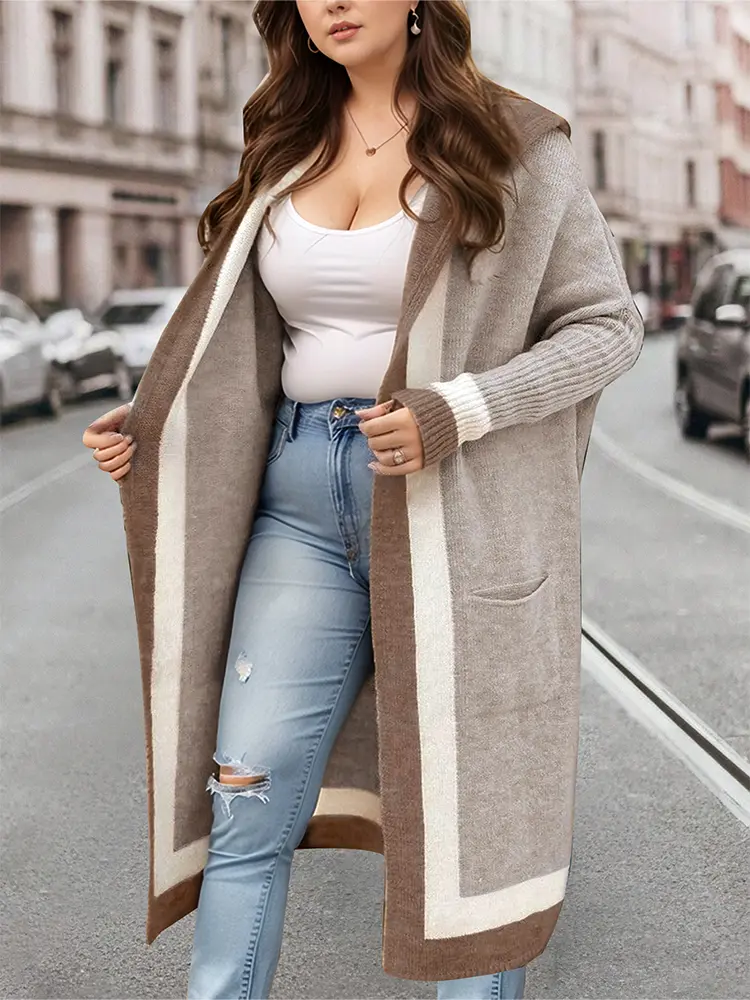 Women's Hooded Long Cardigan Autumn Winter 2024 Vertical Stripes Placket Design with Pockets Fashionable Outerwear