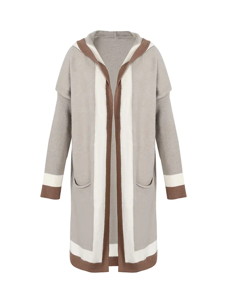 Women's Hooded Long Cardigan Autumn Winter 2024 Vertical Stripes Placket Design with Pockets Fashionable Outerwear
