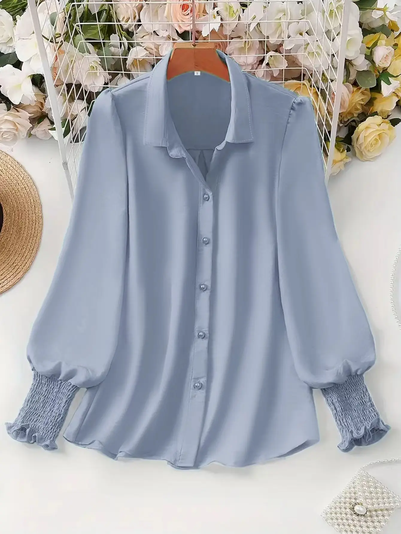 Plus Size 2025 Spring and Summer New Women's Casual Puff Sleeve Blouse Solid Color Suitable for Office Outdoor Single Breasted
