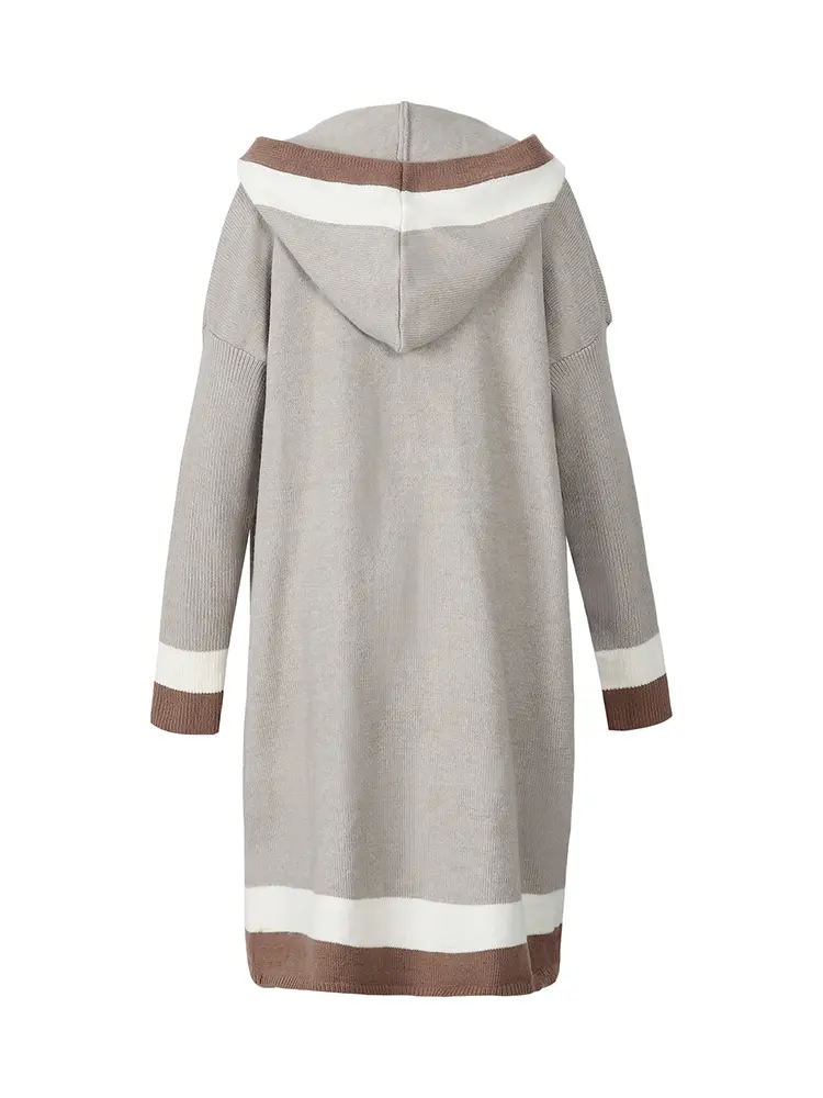Women's Hooded Long Cardigan Autumn Winter 2024 Vertical Stripes Placket Design with Pockets Fashionable Outerwear