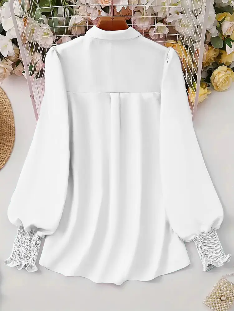 Plus Size 2025 Spring and Summer New Women's Casual Puff Sleeve Blouse Solid Color Suitable for Office Outdoor Single Breasted