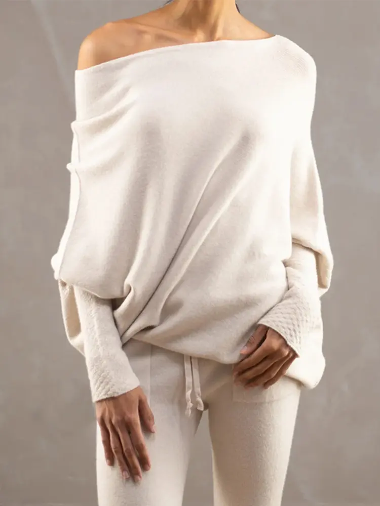 Women's Ribbed Knit Jumper Set Casual Bat Sleeve round Neck Simple Versatile Autumn Winter Knitwear 2024 New Headwear Included
