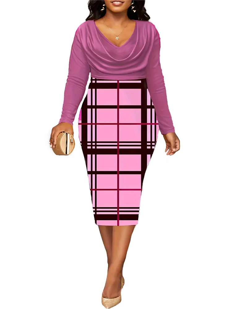 Plus Size Sexy Fashion Digital Printing V Neck Long Sleeve Women's Dresses Long Sleeve Slim Hip Lifting Best Choice for Autumn