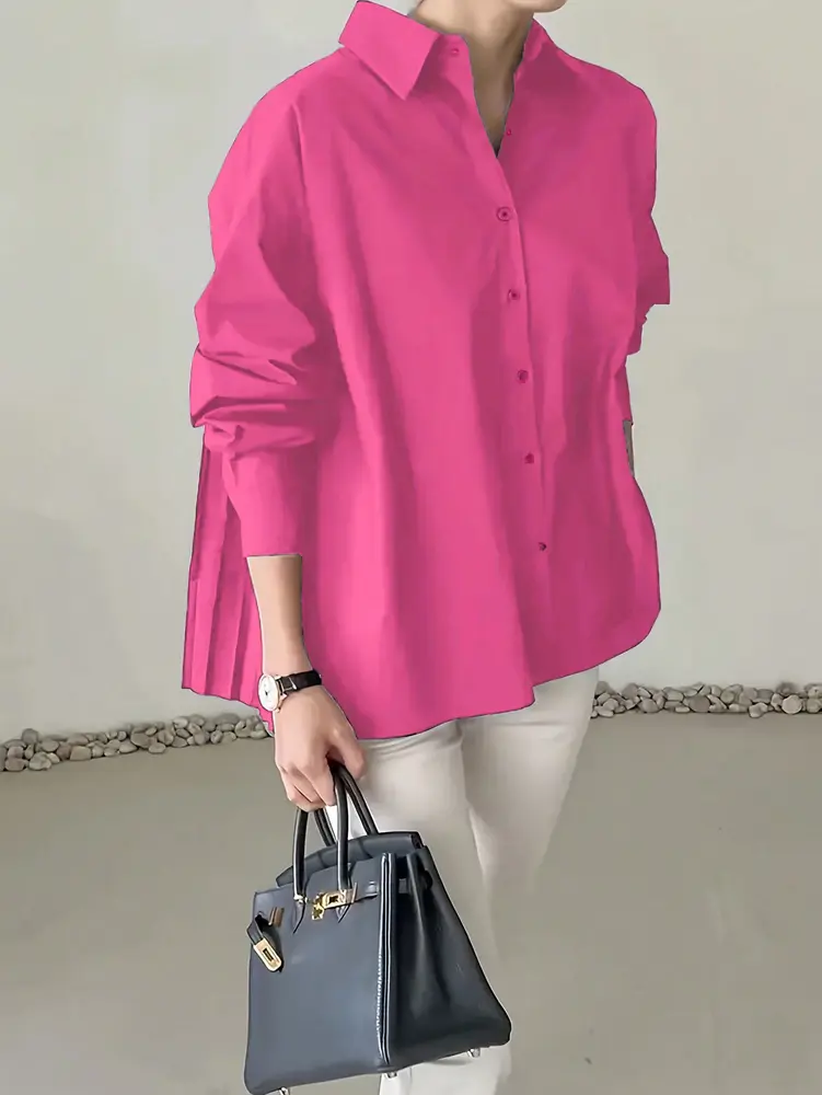 Plus Size 2025 Spring and Summer New Women's POLO Collar Pleated Casual Single Row Button Shirt Blouse Solid Color