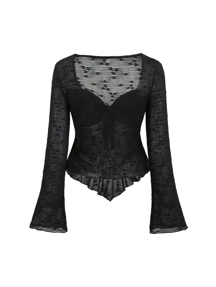 2025 Spring and Summer New Women's Solid Color Long Sleeve Square Neck Rope Knot Top Lace Transparent Long Sleeve Sexy