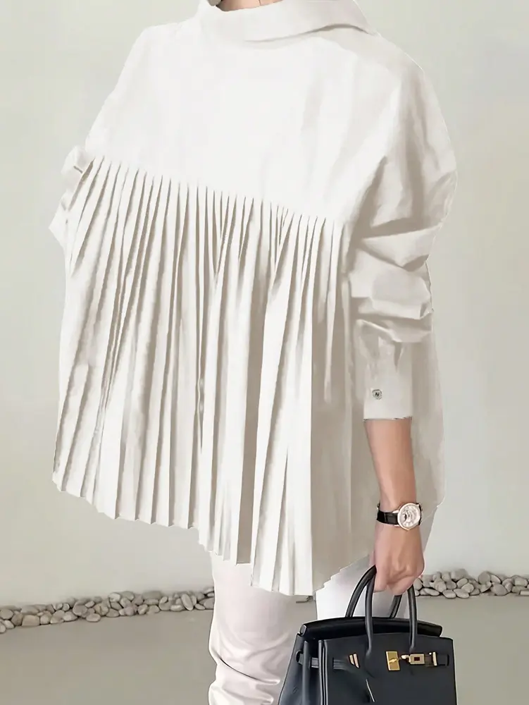 Plus Size 2025 Spring and Summer New Women's POLO Collar Pleated Casual Single Row Button Shirt Blouse Solid Color