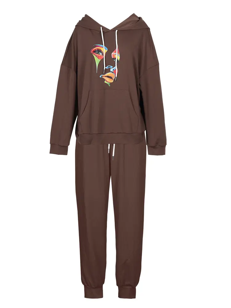 plus Size Women's Hooded Long Sleeve Letter Patterned Casual Suit Loose Fit Pants Set XL-5XL Autumn Winter Collection