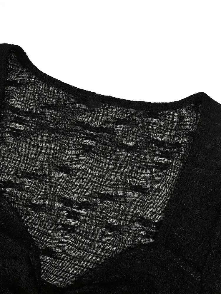 2025 Spring and Summer New Women's Solid Color Long Sleeve Square Neck Rope Knot Top Lace Transparent Long Sleeve Sexy
