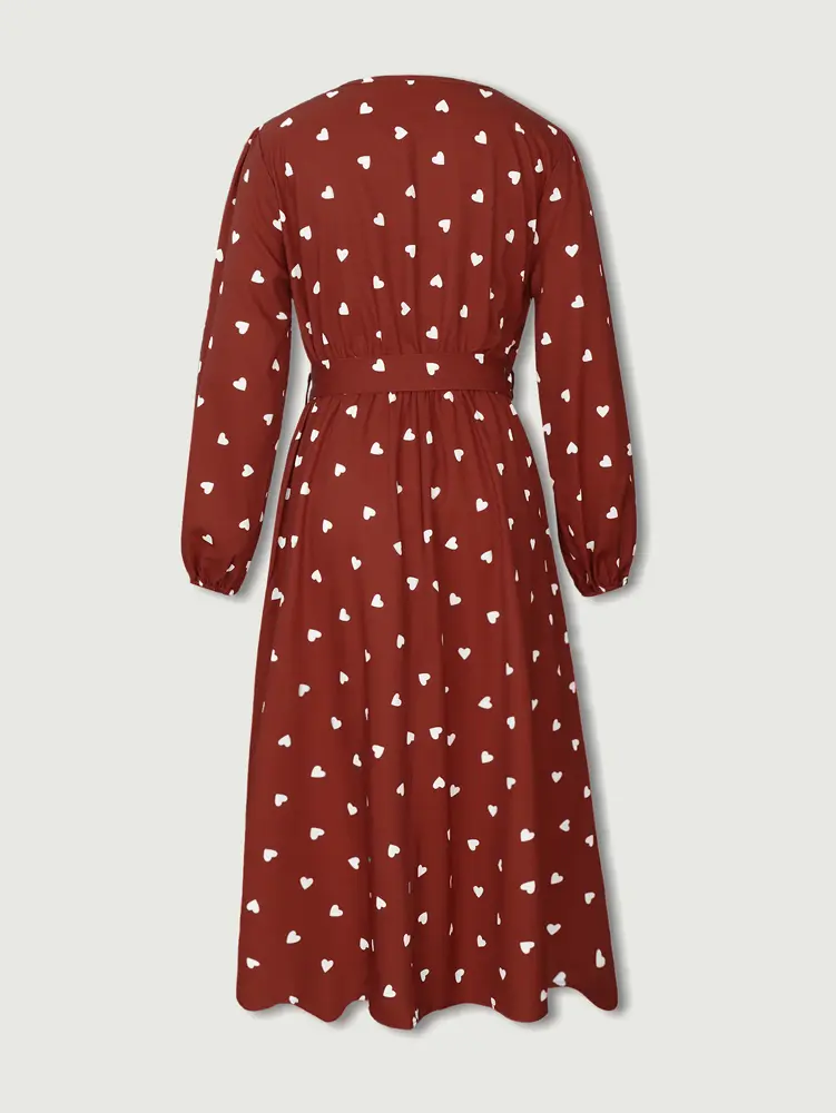 2025 Summer Explosion Women's Heart Print Lantern Sleeve Split Thigh Dress Polyester Super Low Price Sale