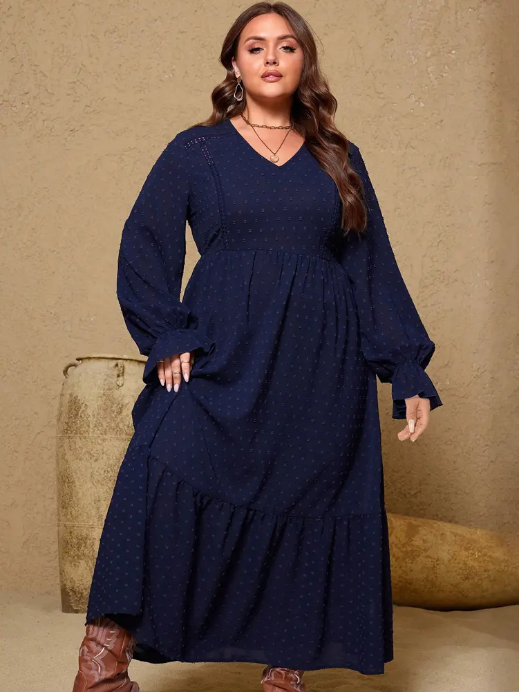 plus Size Women's Pullover V-Neck Long Sleeve Dress Autumn 2025 Printed Loose Casual Fashion Best Choice for Autumn